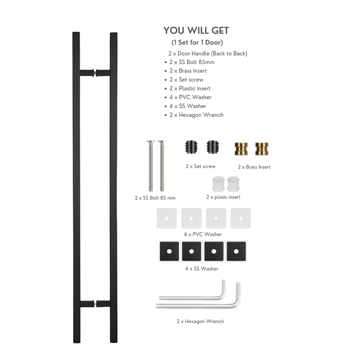 Square door pull handle with a product contents list and labels for included hardware pieces
