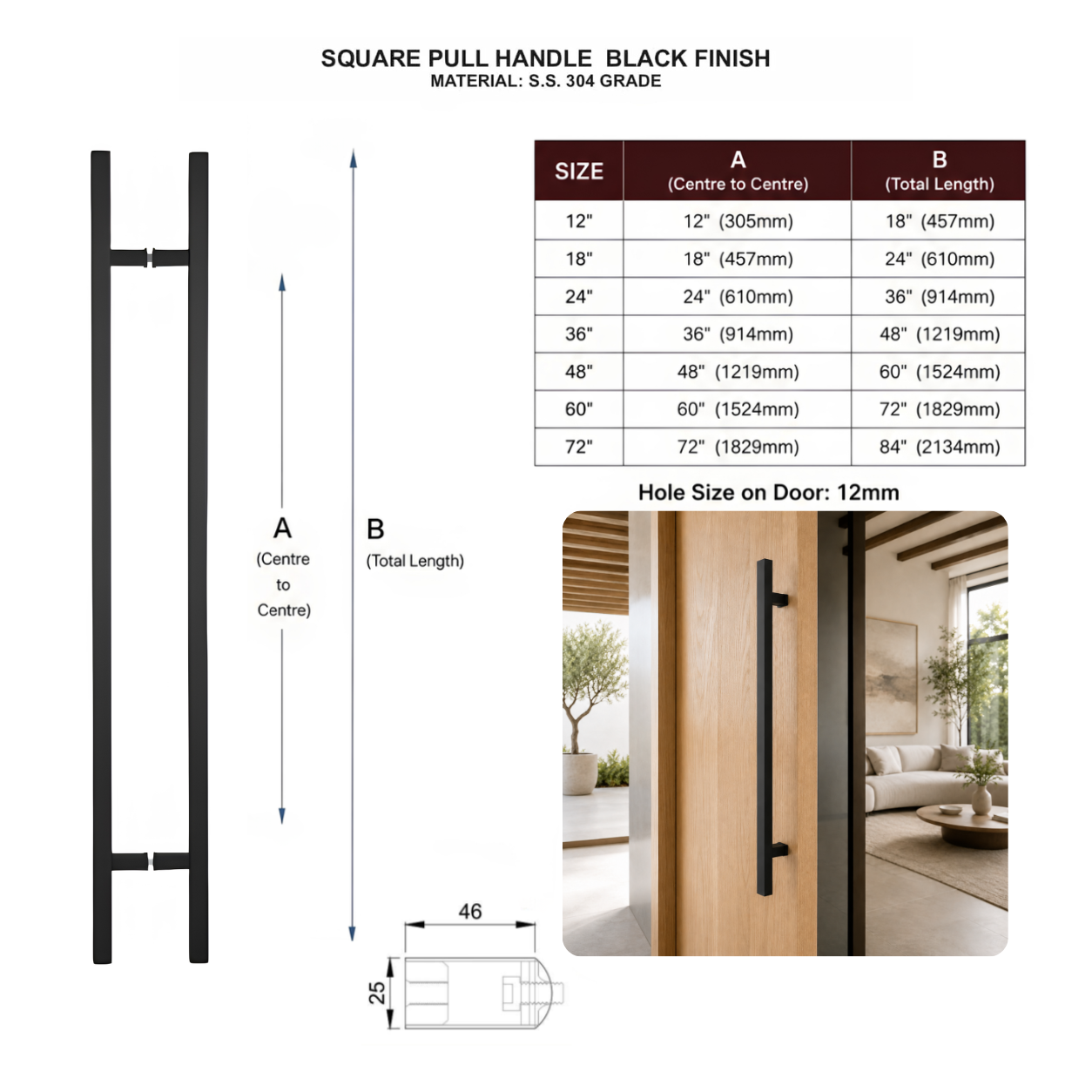 24" Back-to-Back Entry Door Pull Handle | Square H Type Ladder Style | 304 Stainless Steel Front Door Push Pull Handle | for Residential & Commercial use - Black