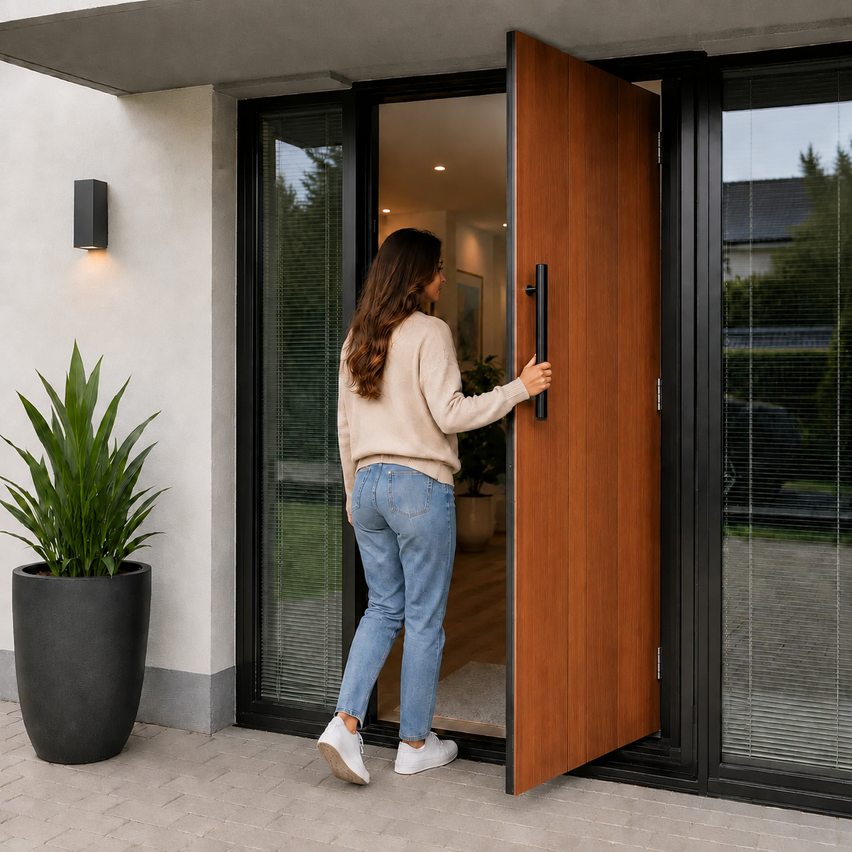 A woman holding the round door pull handle going inside