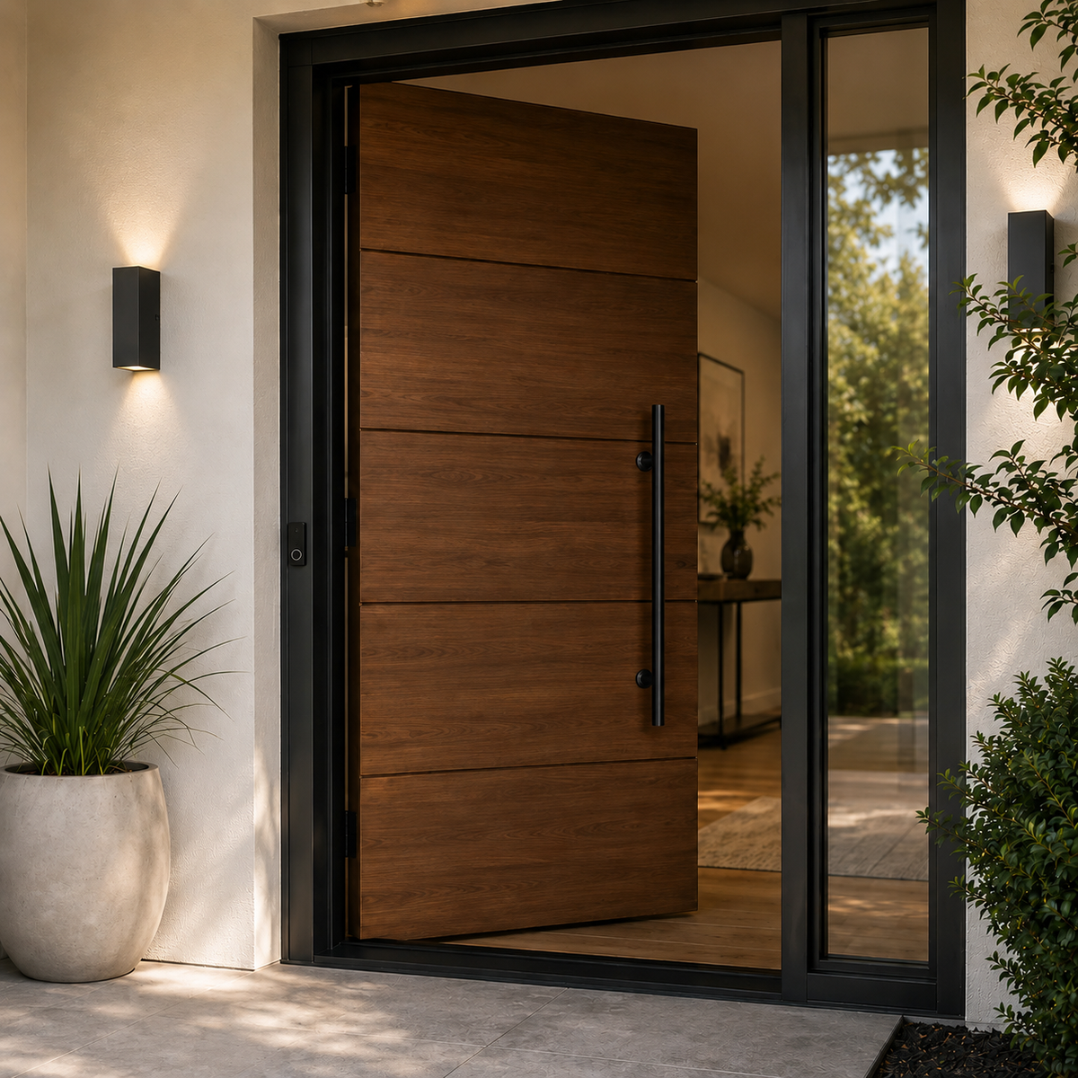 A brown exterior door with a slim vertical handle, shown in a real entryway setting with a side panel 
