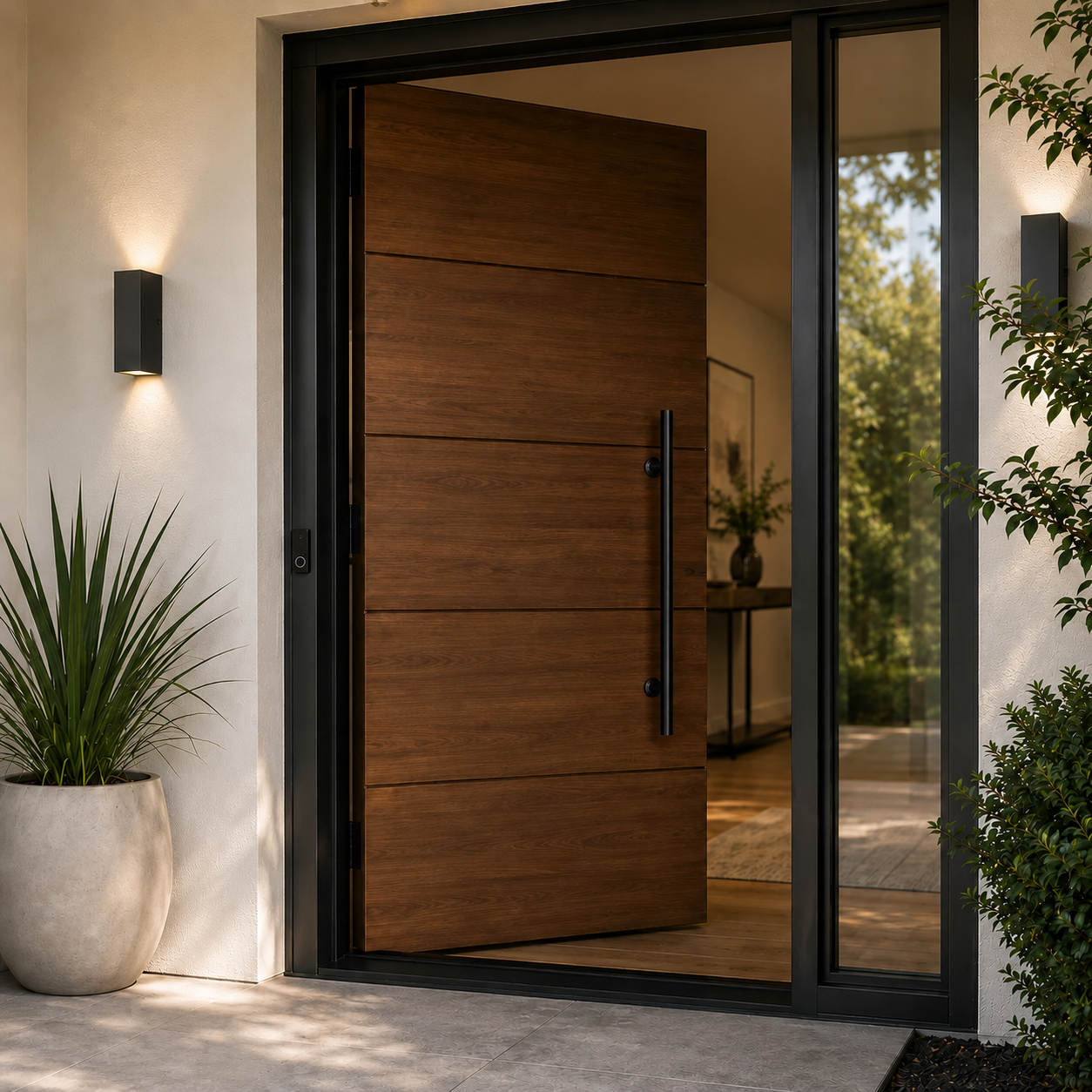 A brown exterior door with a slim vertical handle, shown in a real entryway setting with a side panel 
