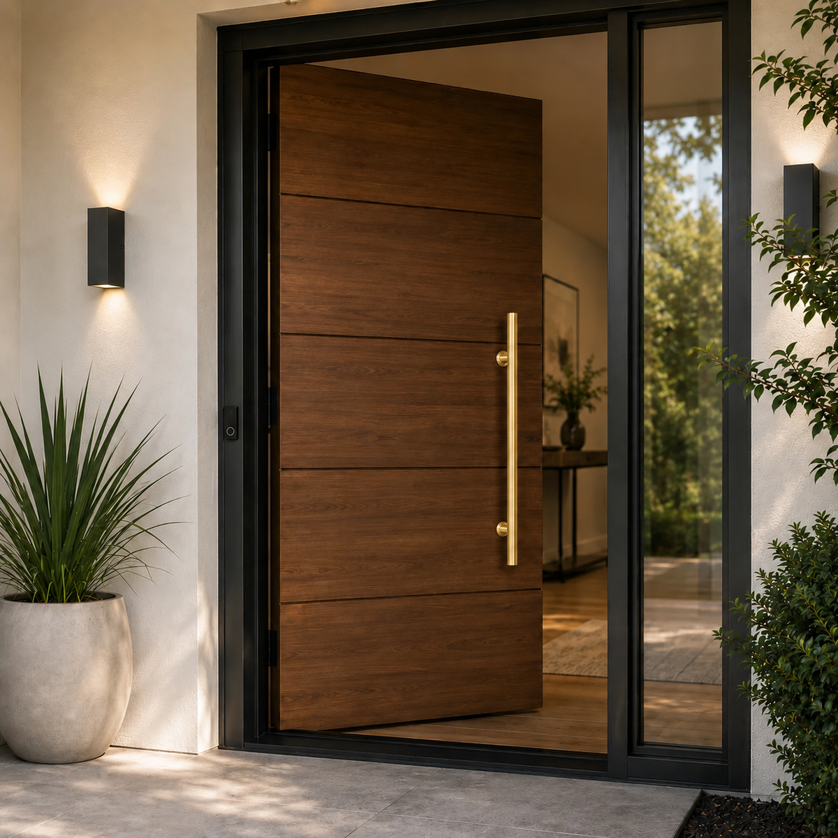 A brown exterior door with a slim vertical handle, shown in a real entryway setting with a side panel