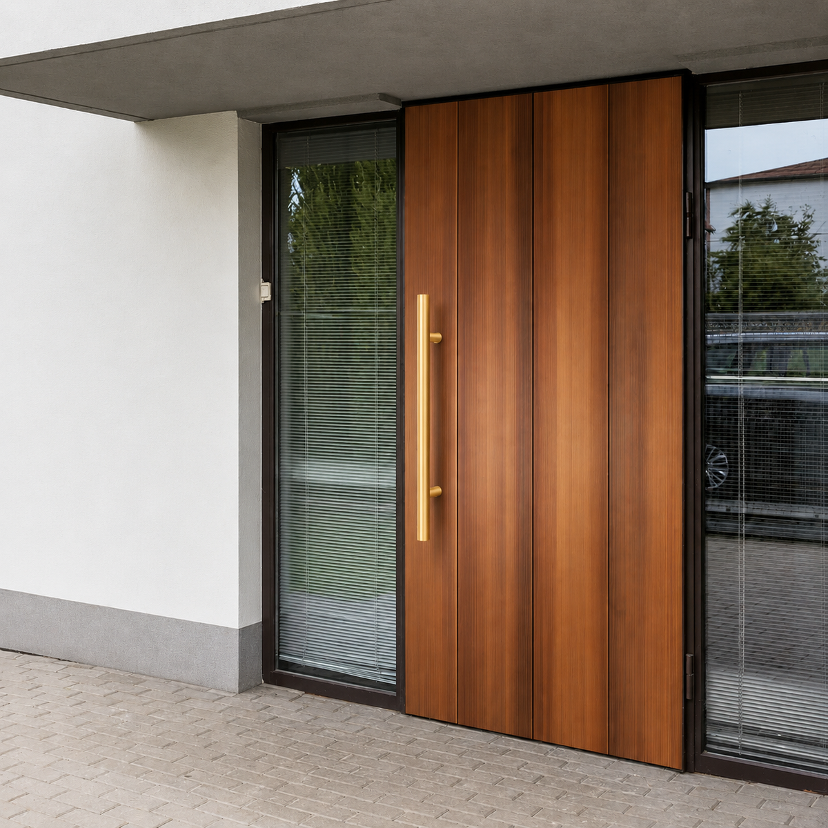 A gold round door handle installed in a brown door
