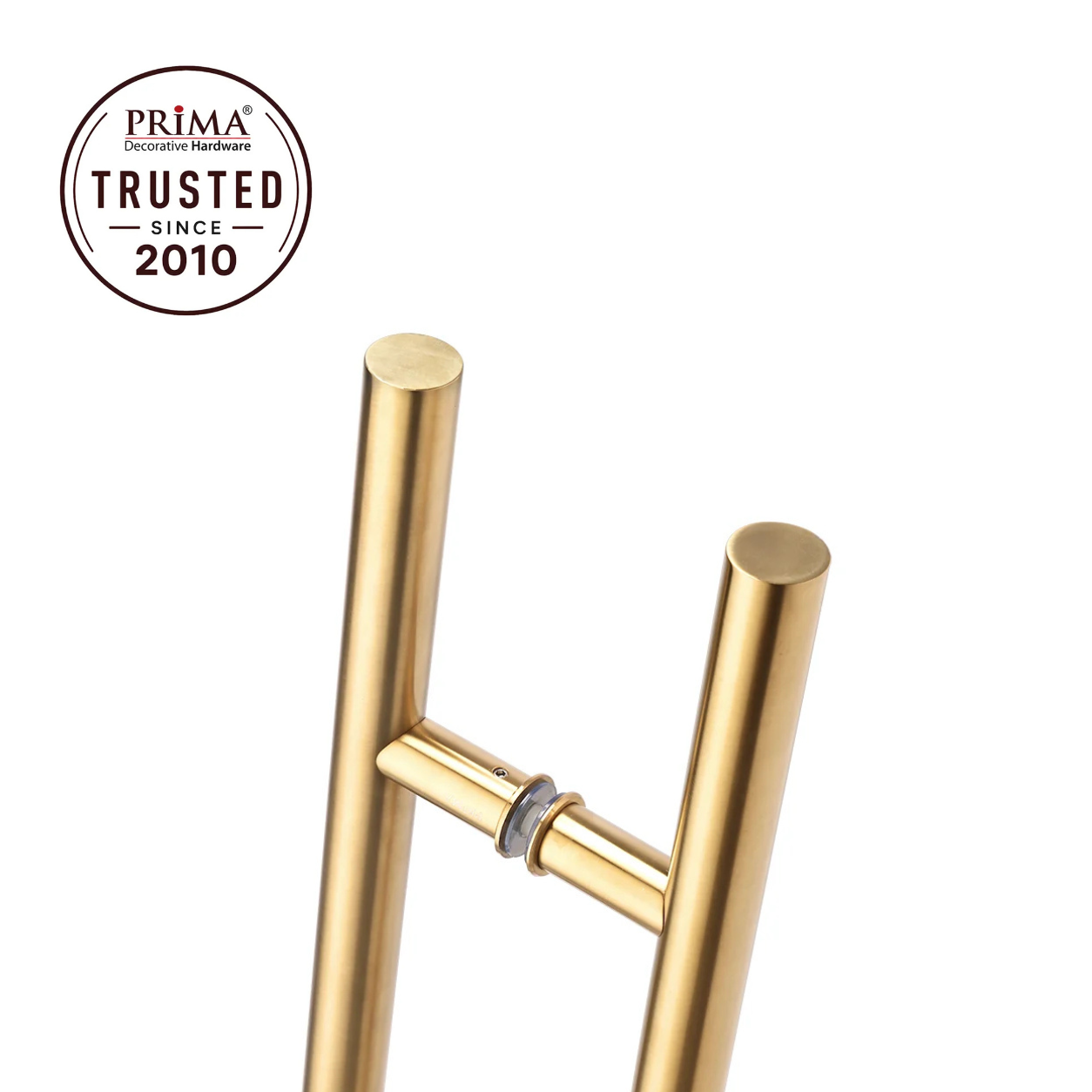 Zoom in of door pull handle with trust badge
