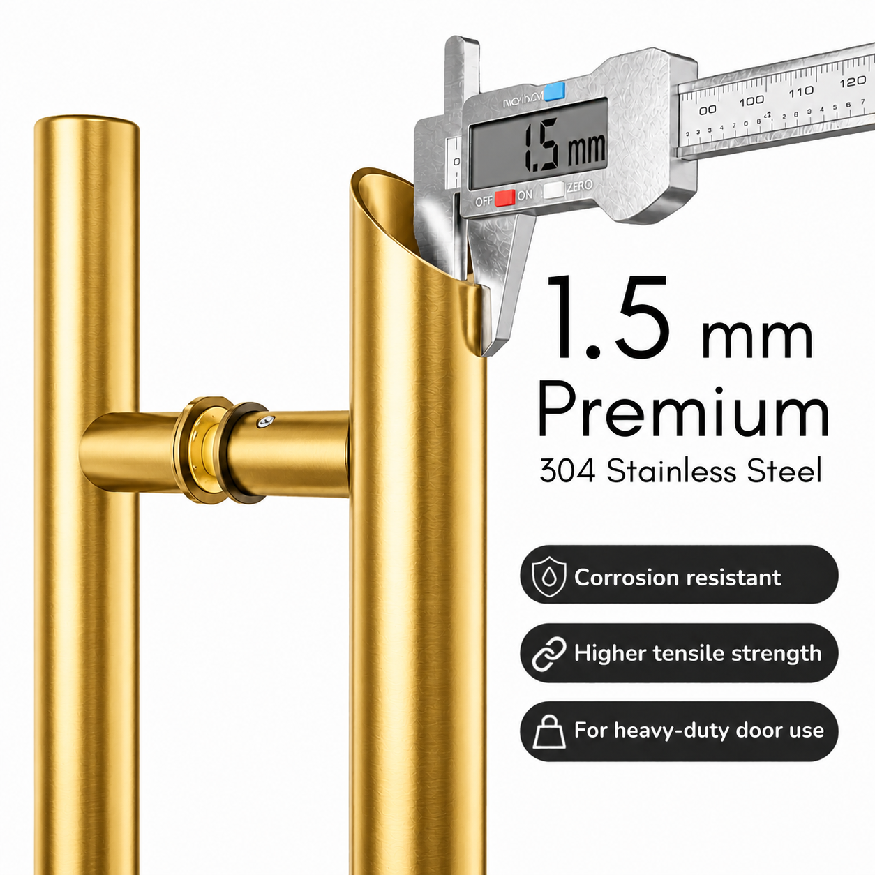 A door handle shown with a measuring 1.5 mm thickness with some features
