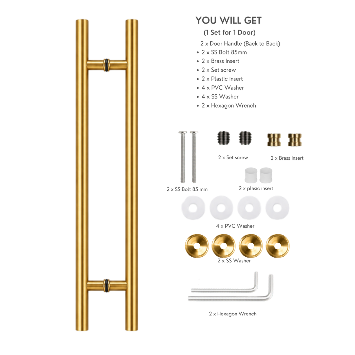 Round door pull handle with a product contents list and labels for included hardware pieces
