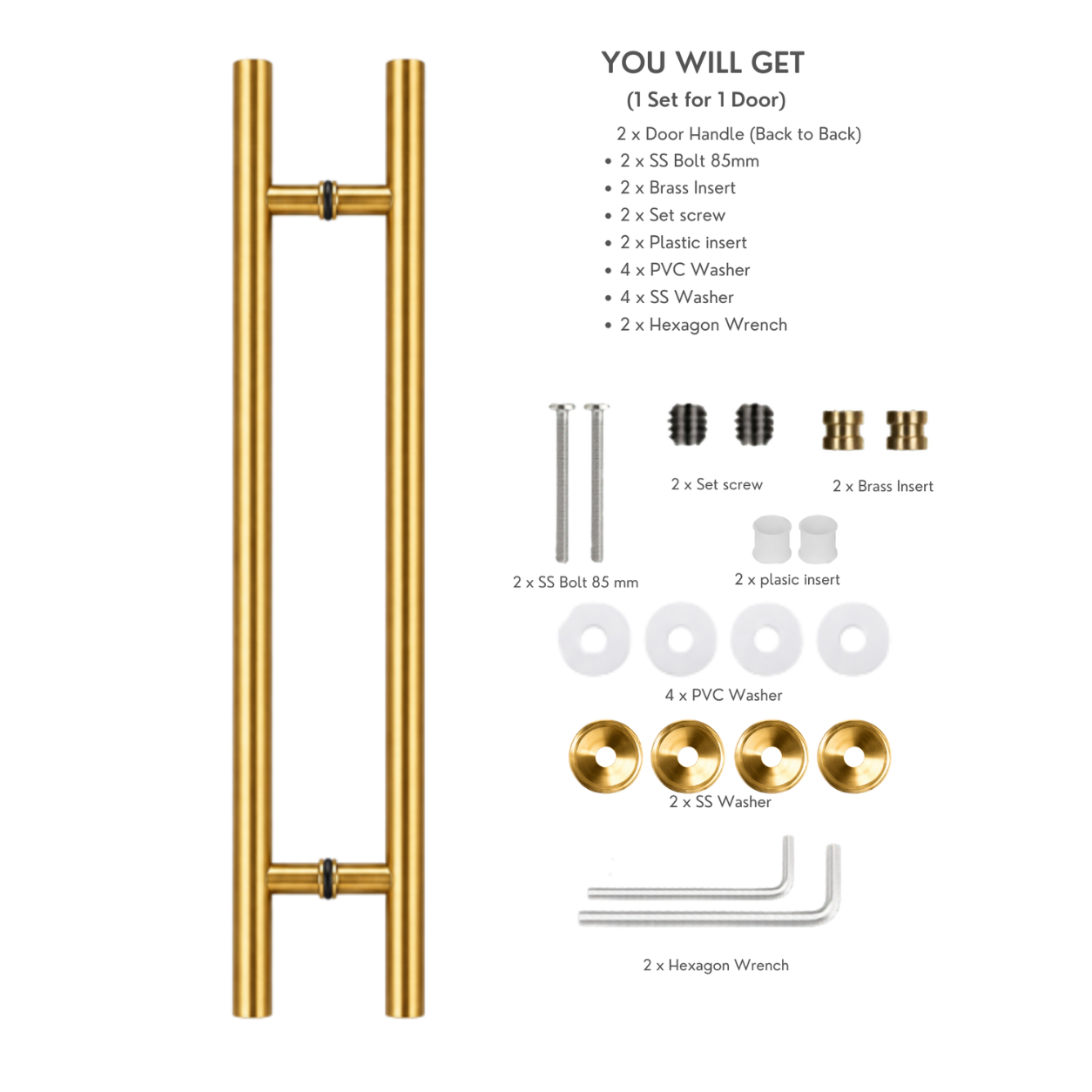Round door pull handle with a product contents list and labels for included hardware pieces
