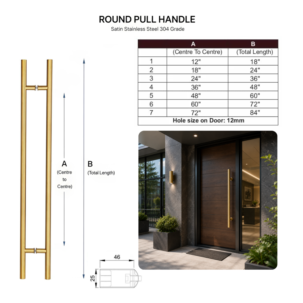 Technical specification and size chart for a gold stainless steel round pull handle

