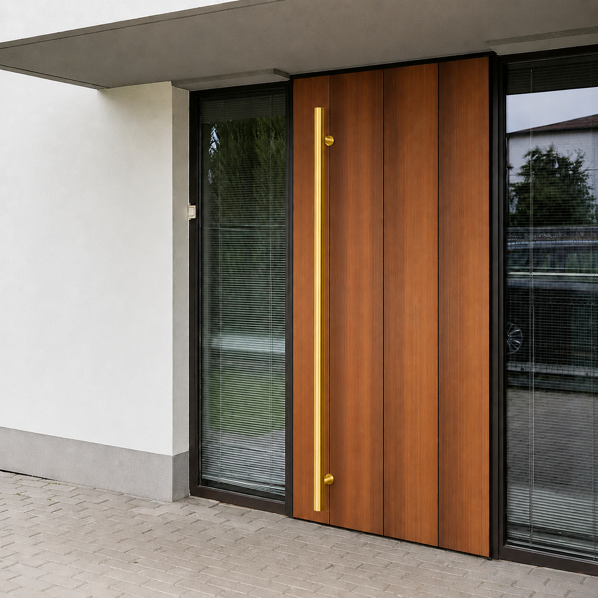  A gold round door handle installed in a brown door
