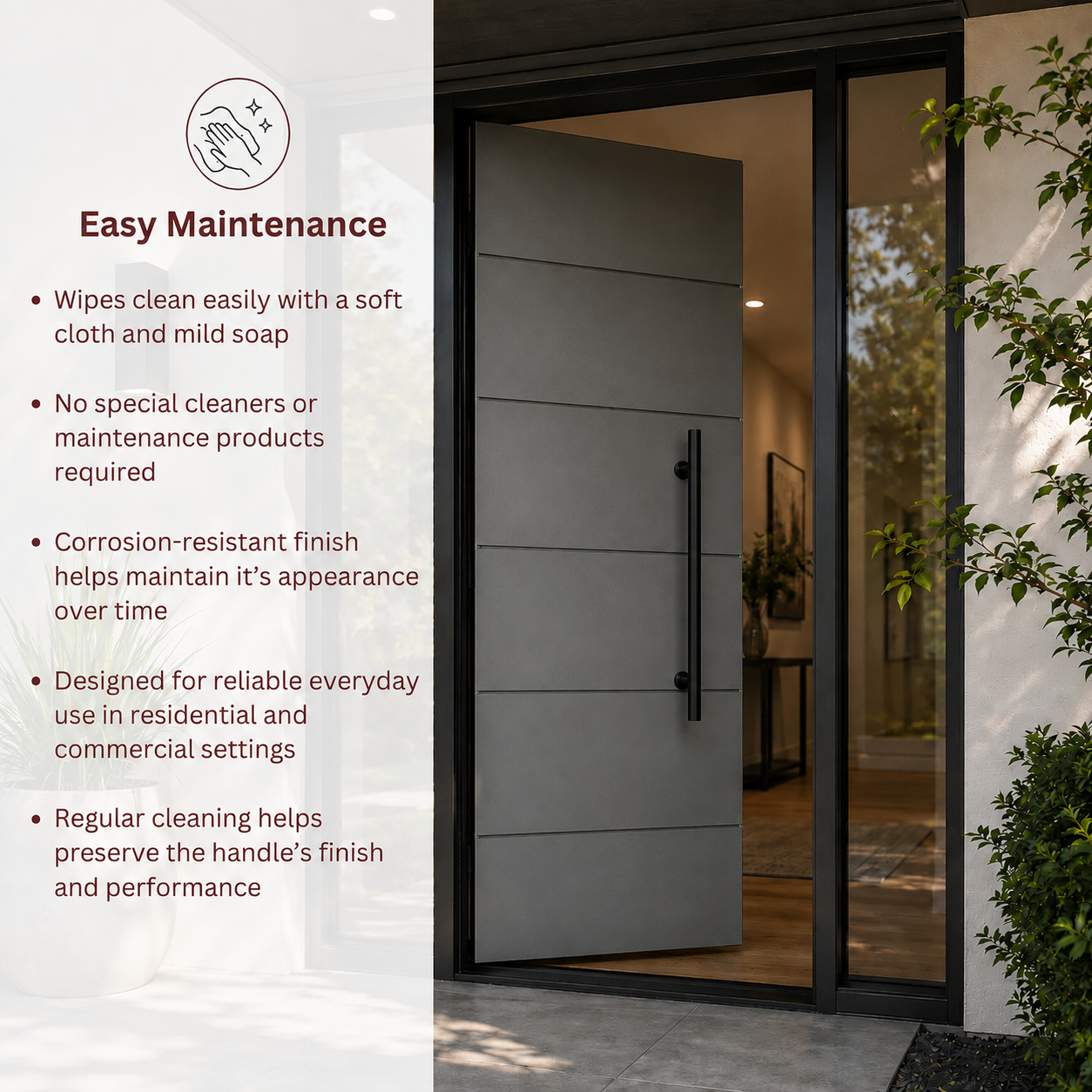 A modern black entry door setting with a text overlay on the left detailing easy maintenance benefits.