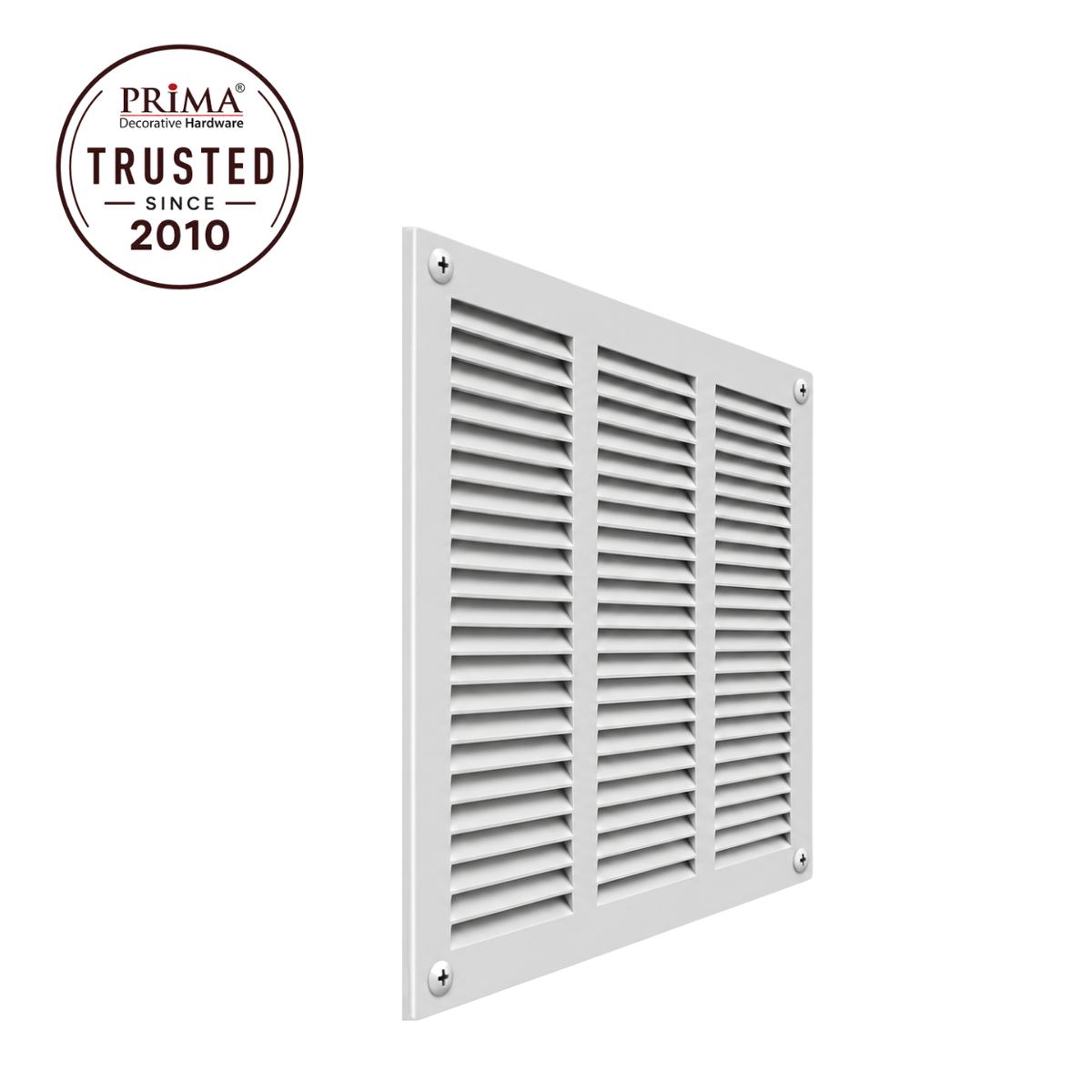 18" x 18" white steel air return grille with horizontal slats for sidewall and ceiling HVAC vent with trust badge.
