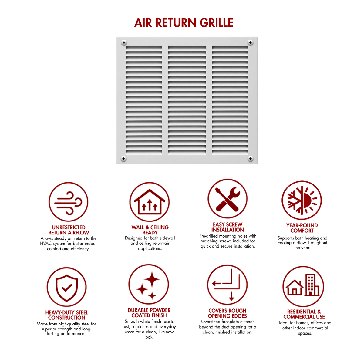18" x 18" white steel air return grille for sidewall and ceiling HVAC vents with product benefits and feature icons.

