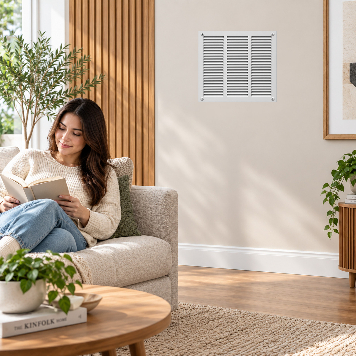 18" x 18" white steel HVAC air return grille installed on living room sidewall with woman relaxing on sofa.