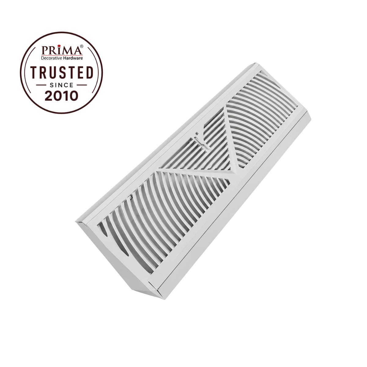Angled view of 18-inch triangular corner baseboard return air grille 1BB in white steel with Trusted Since 2010 badge

