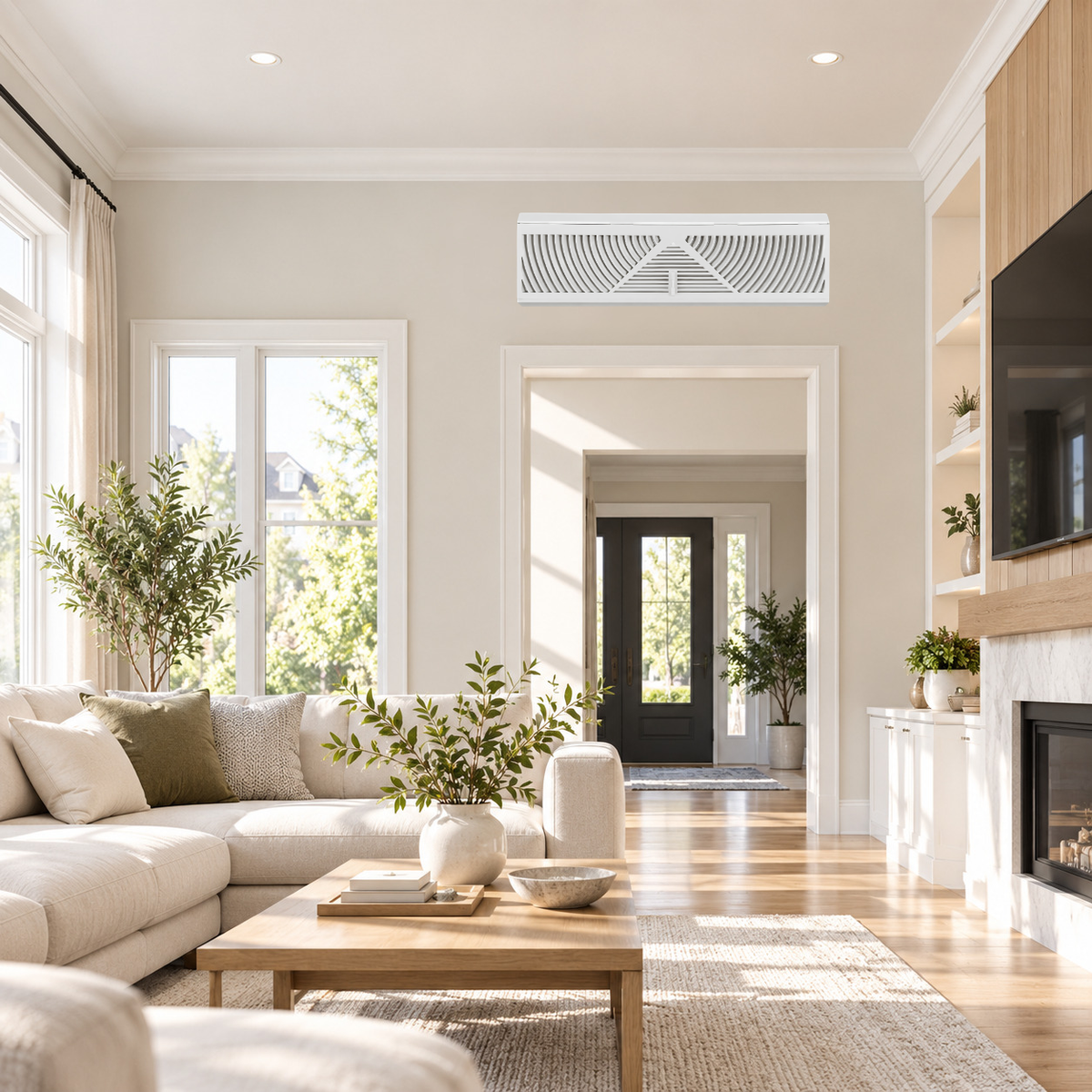 18-inch triangular corner baseboard return air grille 1BB installed on a living room wall
