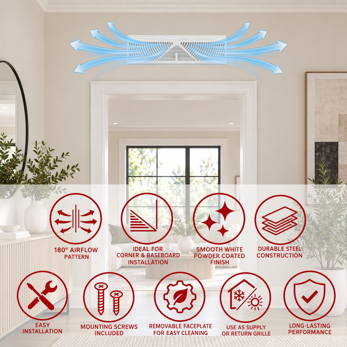 18-inch triangular corner baseboard return air grille 1BB showing 180-degree airflow and HVAC vent features
