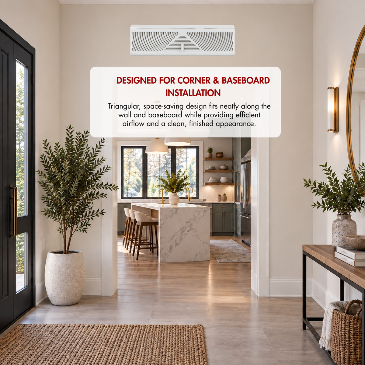 15-inch triangular corner baseboard return air grille 1BB showing space saving wall and baseboard installation
