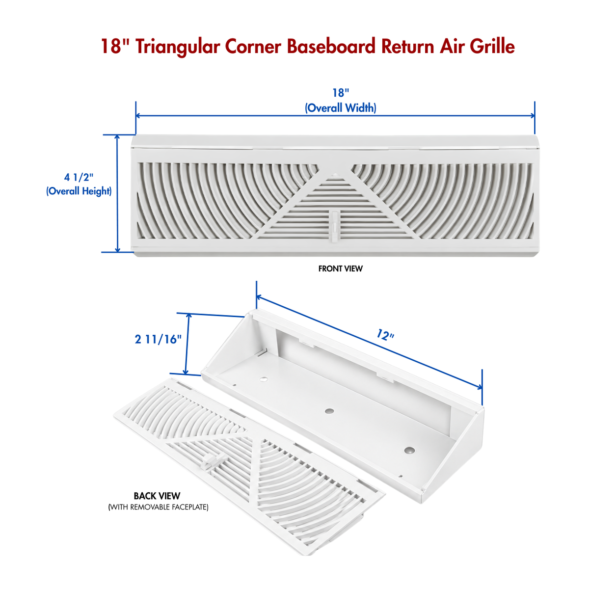 18-inch triangular corner baseboard return air grille 1BB with front and back views showing product dimensions
