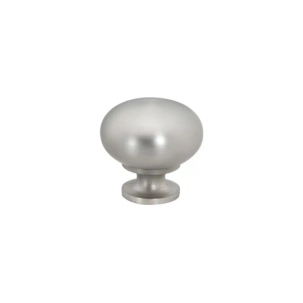 Taymor Industries brushed nickel cabinet knob with a modern design, smooth domed top, short cylindrical base, and durable zinc die-cast construction, shown against a white background.