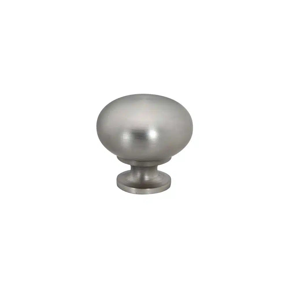 The Taymor Industries brushed nickel cabinet knob features a smooth, dome-shaped top and short base for a modern look. Crafted from durable zinc die-cast, it's shown against a white background.