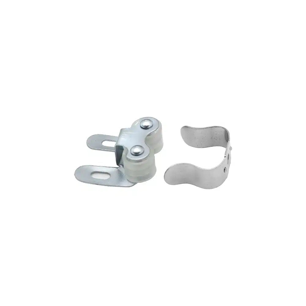 Two Taymor Industries metal pipe clamps with a silver finish and sturdy steel construction, each with a hinge and screw holes for mounting. One clamp is open, the other closed, both shown on a plain white background.