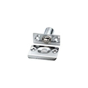 A Taymor Industries metal ball catch latch features a zinc die-cast body, rectangular mounting plate, and stamped steel strike plate with screw holes for securing cabinet or closet doors.