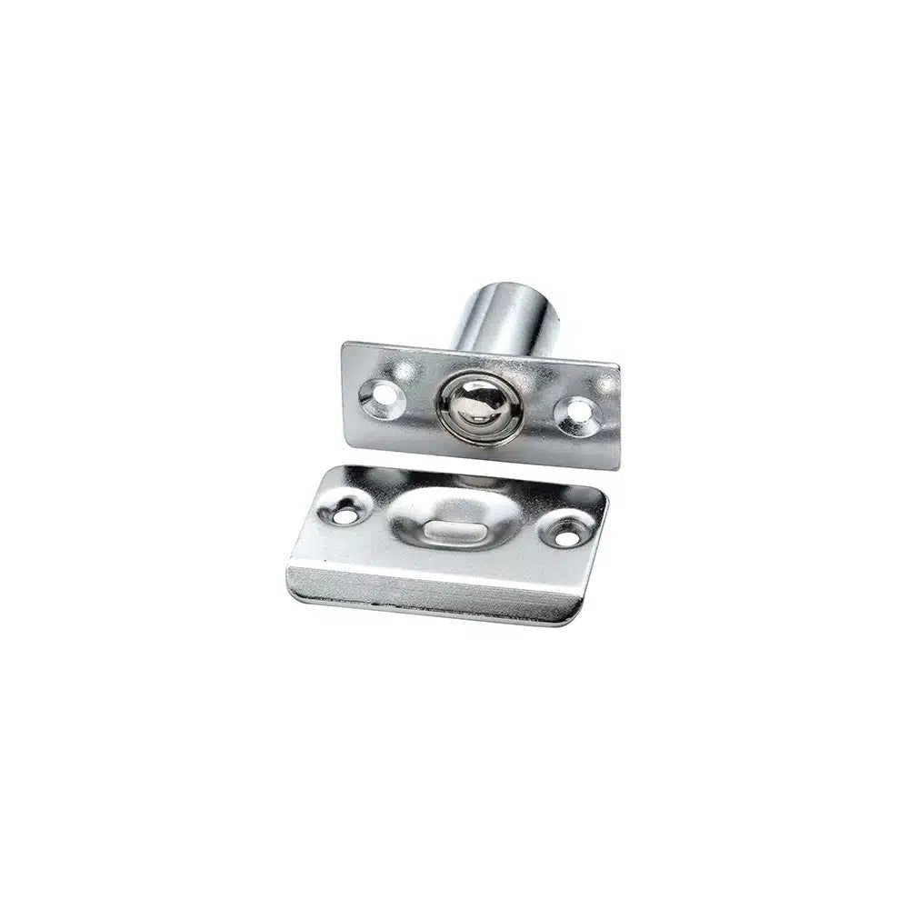 A Taymor Industries metal ball catch latch features a zinc die-cast body, rectangular mounting plate, and stamped steel strike plate with screw holes for securing cabinet or closet doors.