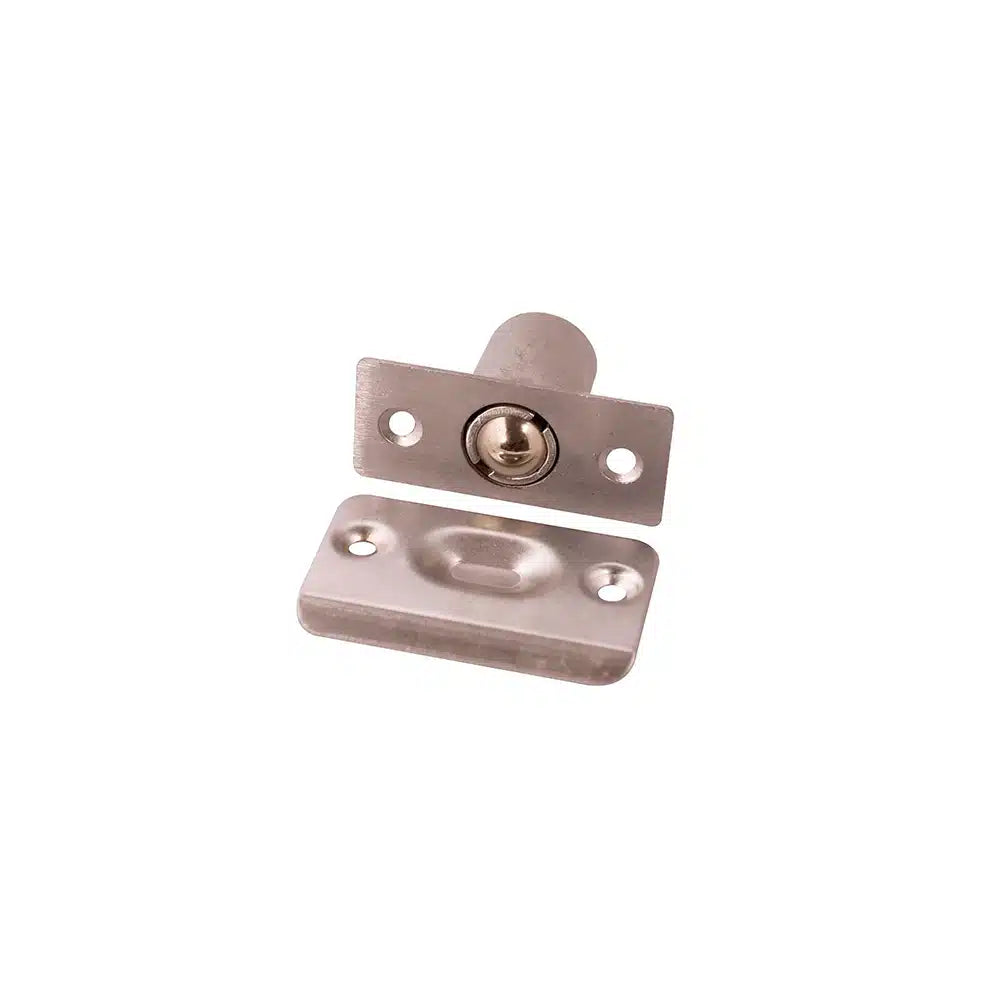 A Taymor Industries cylindrical privacy door latch with a rectangular faceplate, zinc die-cast body, stamped steel strike plate, and brushed metal finish is shown on a white background.
