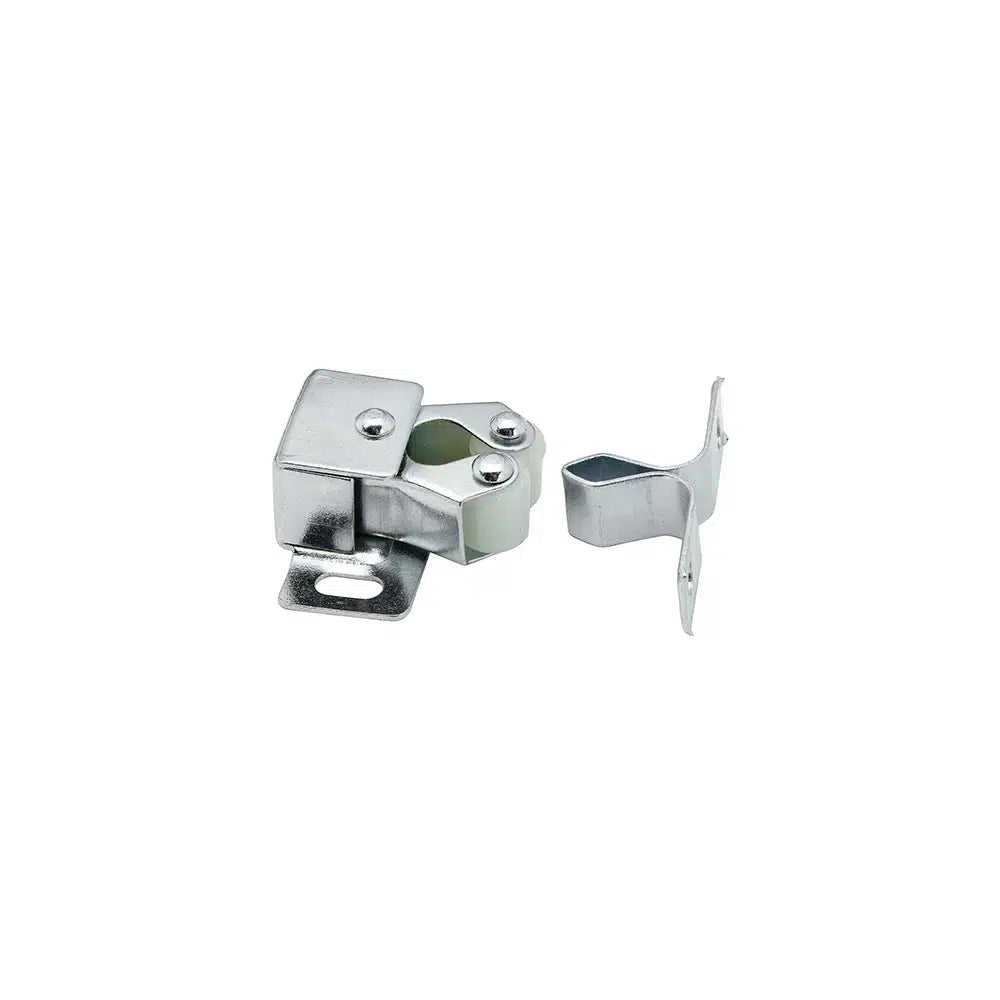 The Taymor Industries metal roller catch features steel construction, a mounting plate, matching strike plate, and spring-loaded roller. Includes screw holes for easy installation and mounting screws—perfect for cabinet or closet doors.