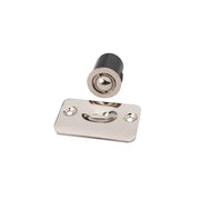 The Taymor Industries metal ball catch latch features a zinc diecast body, cylindrical spring-loaded ball, and shiny silver rectangular strike plate for adjustable door gaps, shown on a white background.
