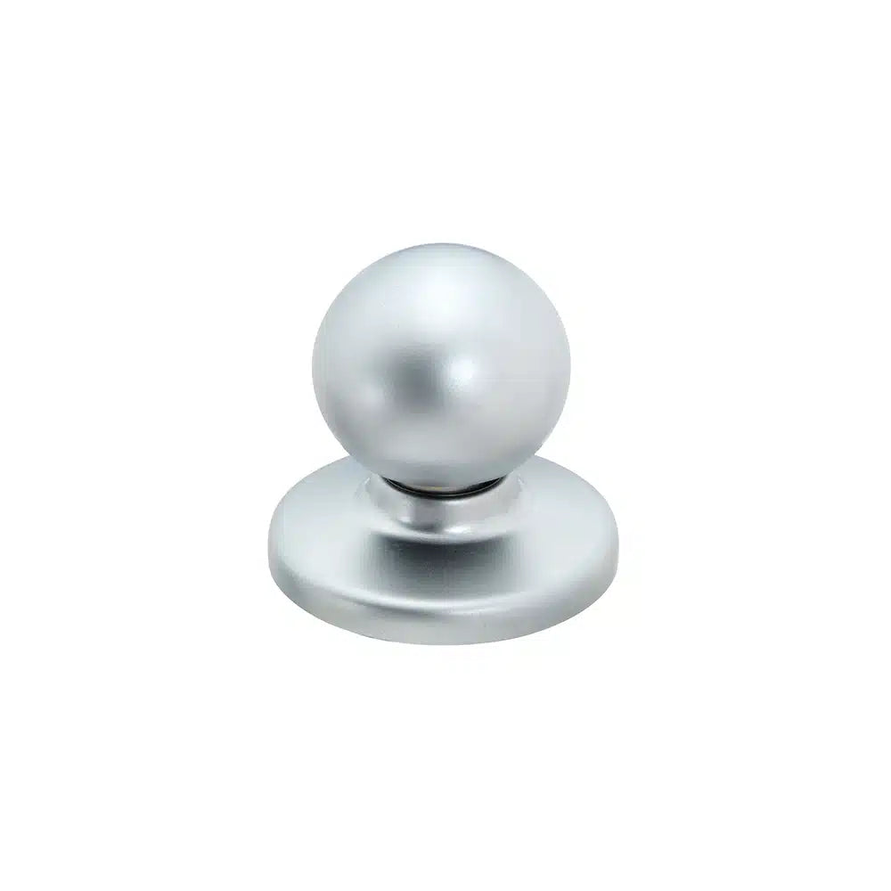 A metallic silver ball knob with a round base by Taymor Industries, crafted from zinc diecast for use as a handle or pull, shown on a plain white background.