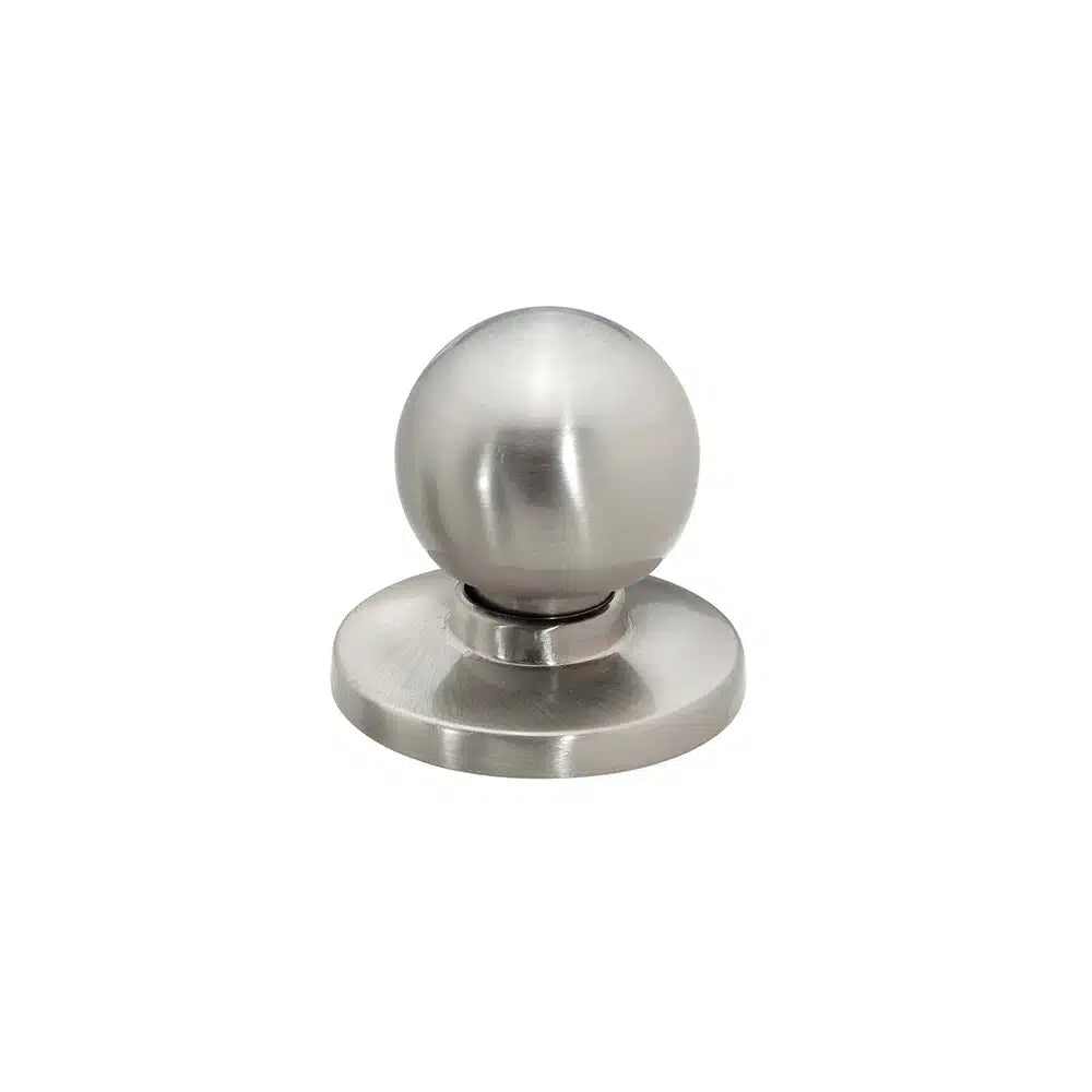 Taymor Industries brushed zinc diecast doorstop with a round ball top and flat circular base, shown on a white background.