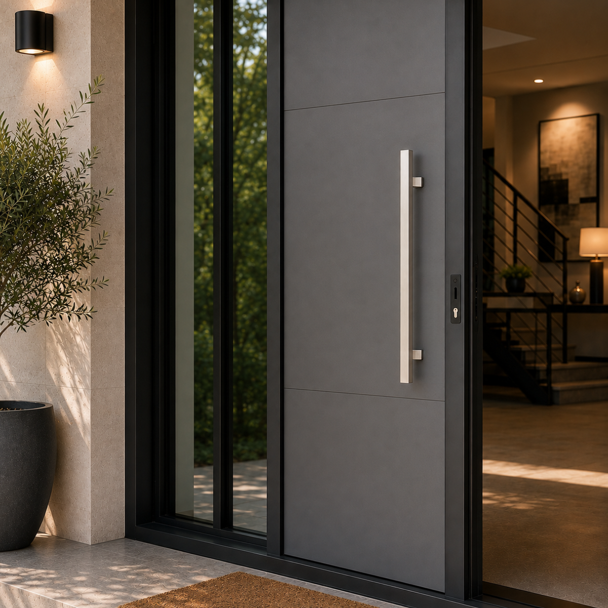 A satin rectangle door handle installed in a grey door
