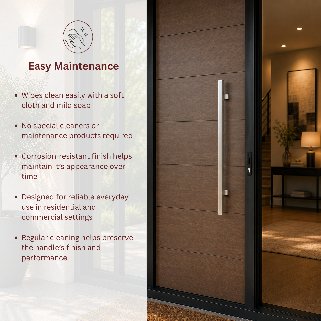 A modern brown exterior door with a slim vertical handle, shown in a real entryway setting with a glass side panel 
