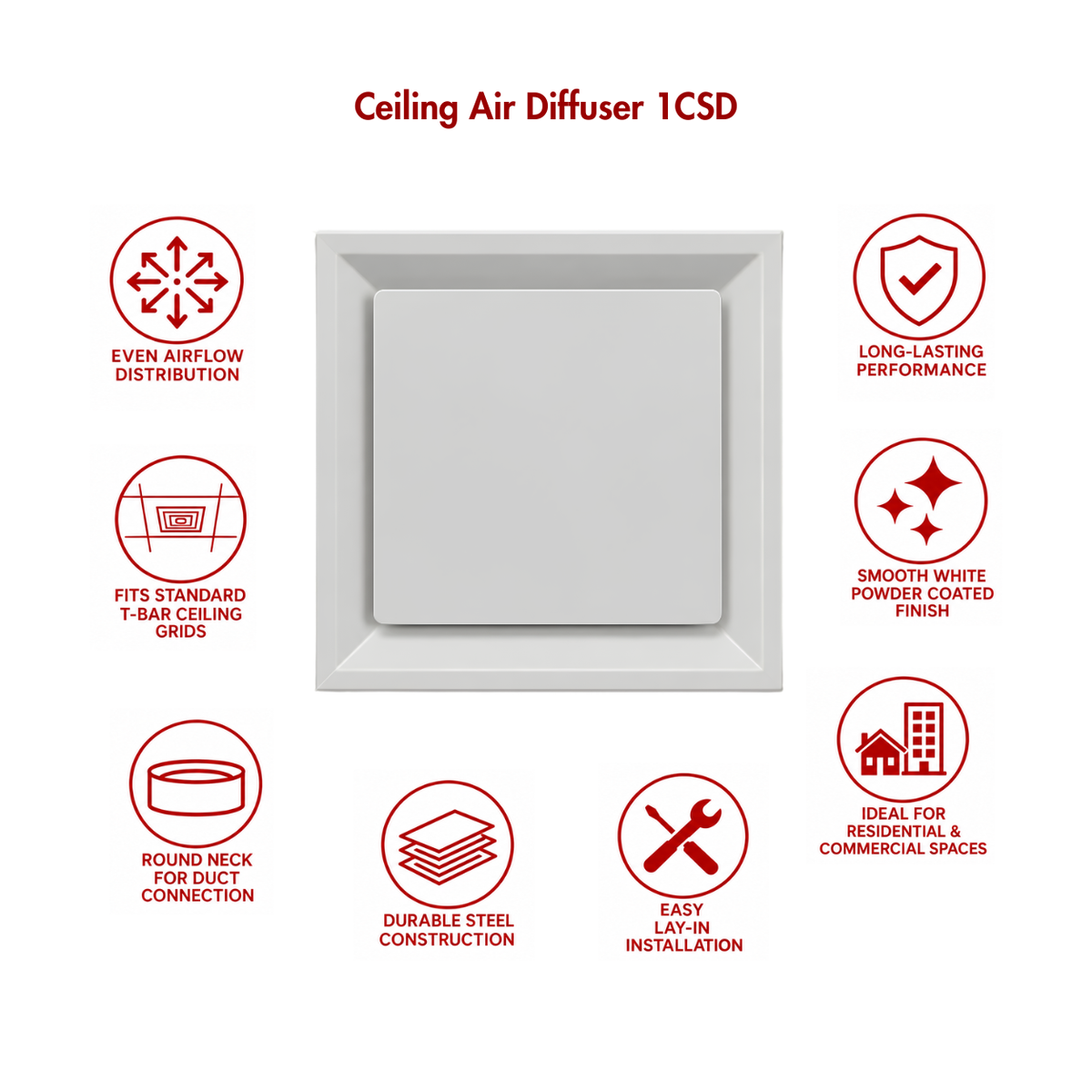 1CSD ceiling air diffuser with icons for even airflow, steel construction, round neck and easy installation