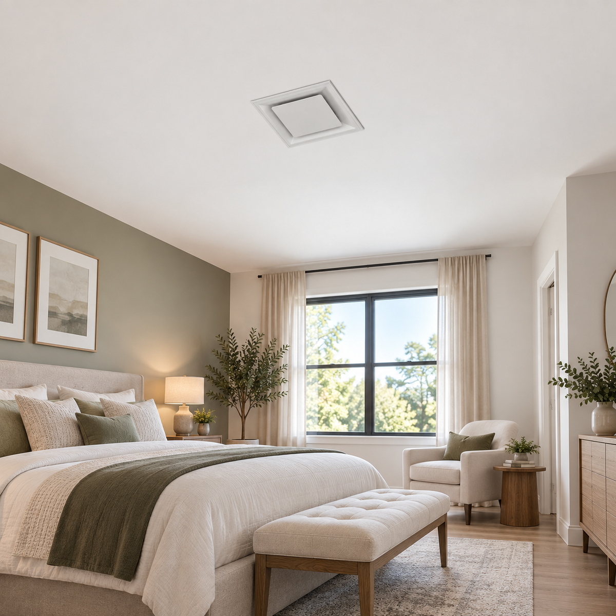 24 x 24 white steel ceiling air diffuser installed in bedroom for HVAC heating and cooling airflow
