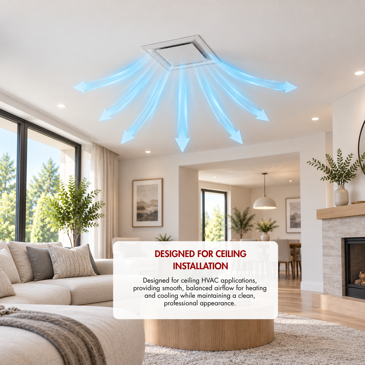 24 x 24 ceiling air diffuser installed in home ceiling showing balanced multi-directional HVAC airflow