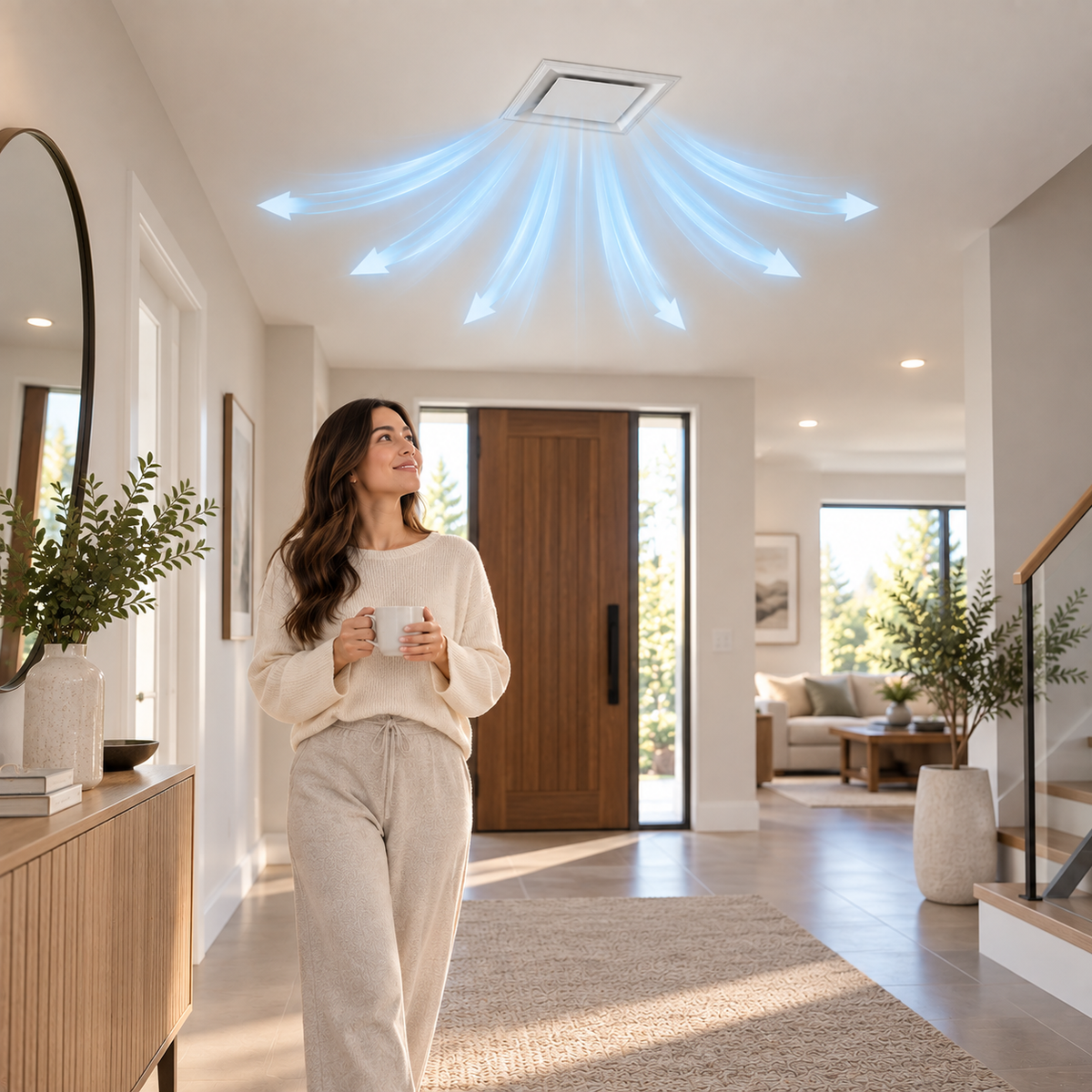 Ceiling air diffuser installed in modern home showing even multi-directional HVAC airflow with person