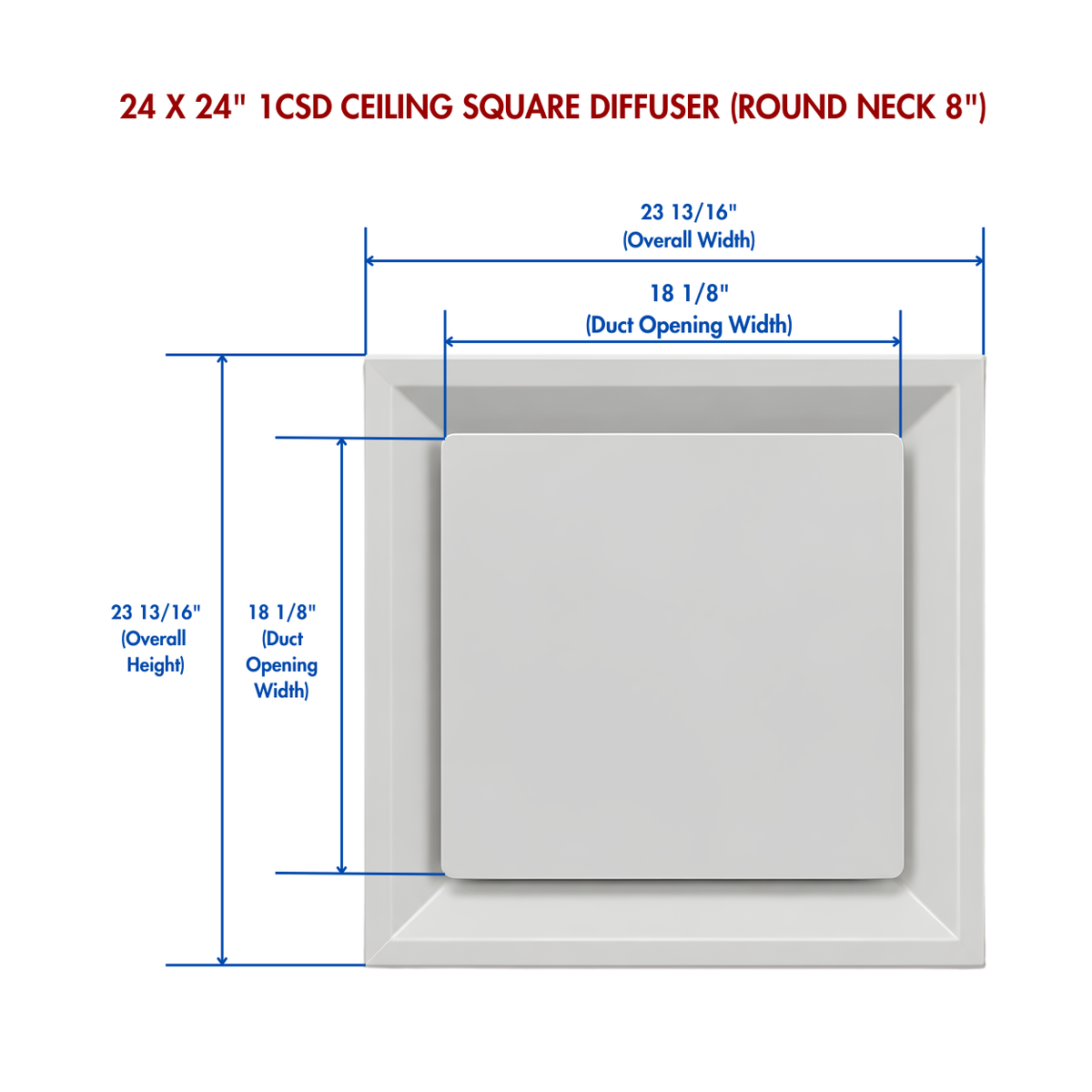 24 x 24 1CSD ceiling square diffuser measurement diagram with 8-inch round neck and duct opening dimensions