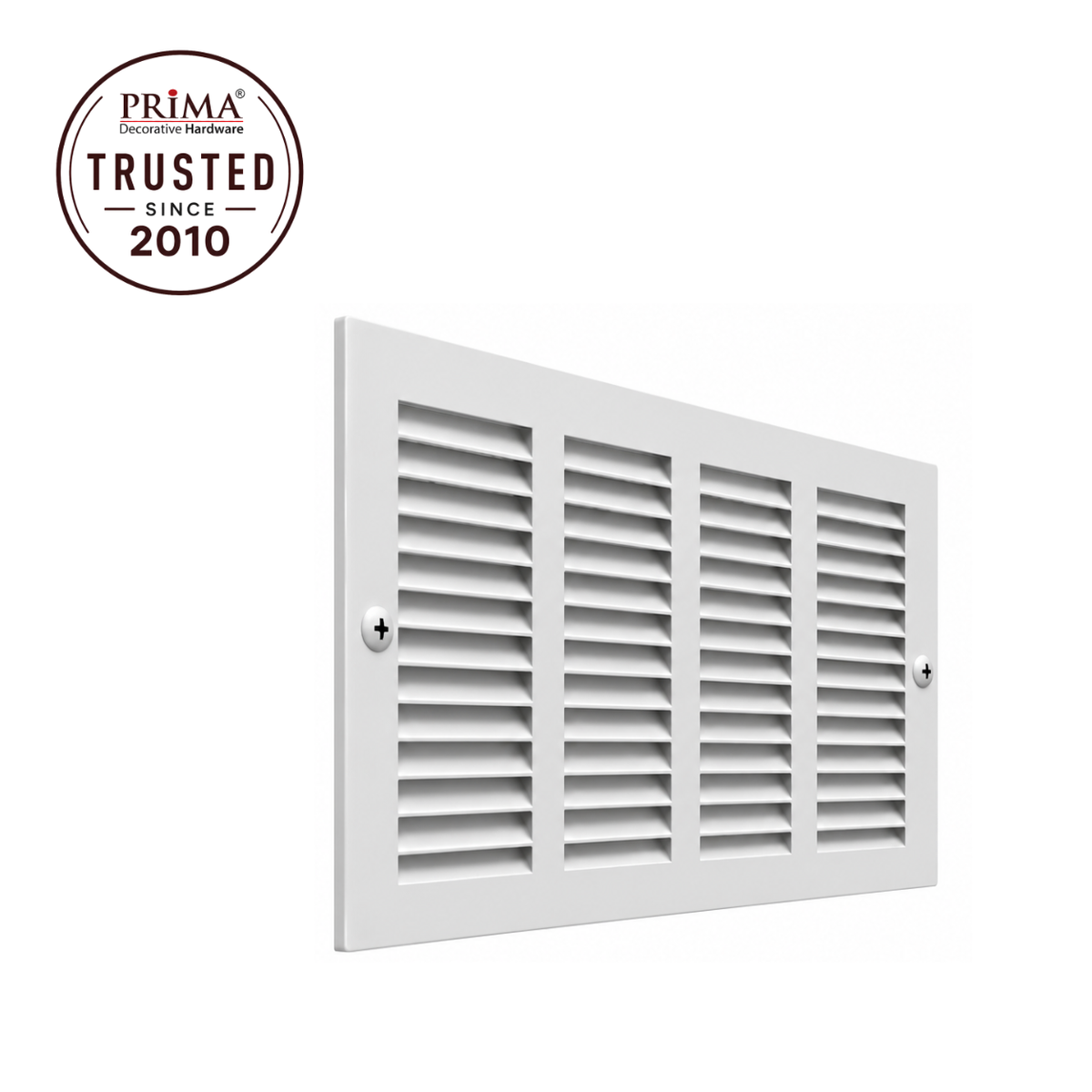 24 x 6 Angled view of white steel baseboard air return grille with mounting screws and Prima Trusted Since 2010 badge
