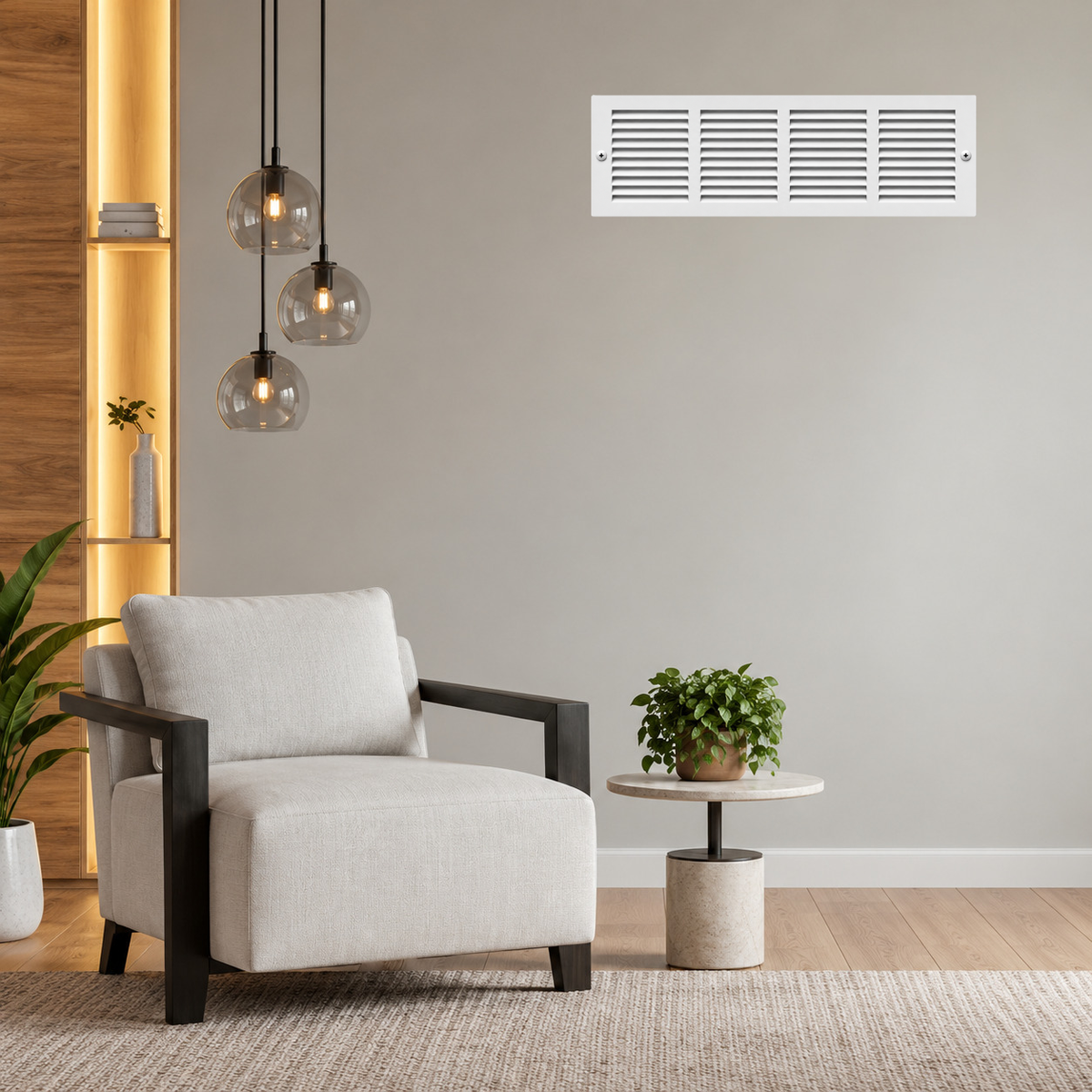 24 x 6 White steel air return grille installed on a living room sidewall for residential HVAC ventilation
