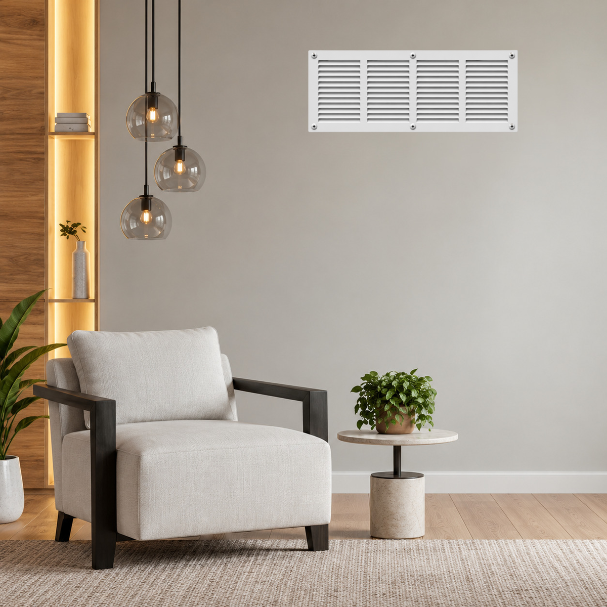 24" x 8" white steel air return grille with horizontal slats for sidewall and ceiling HVAC vent installed in a grey wall.
