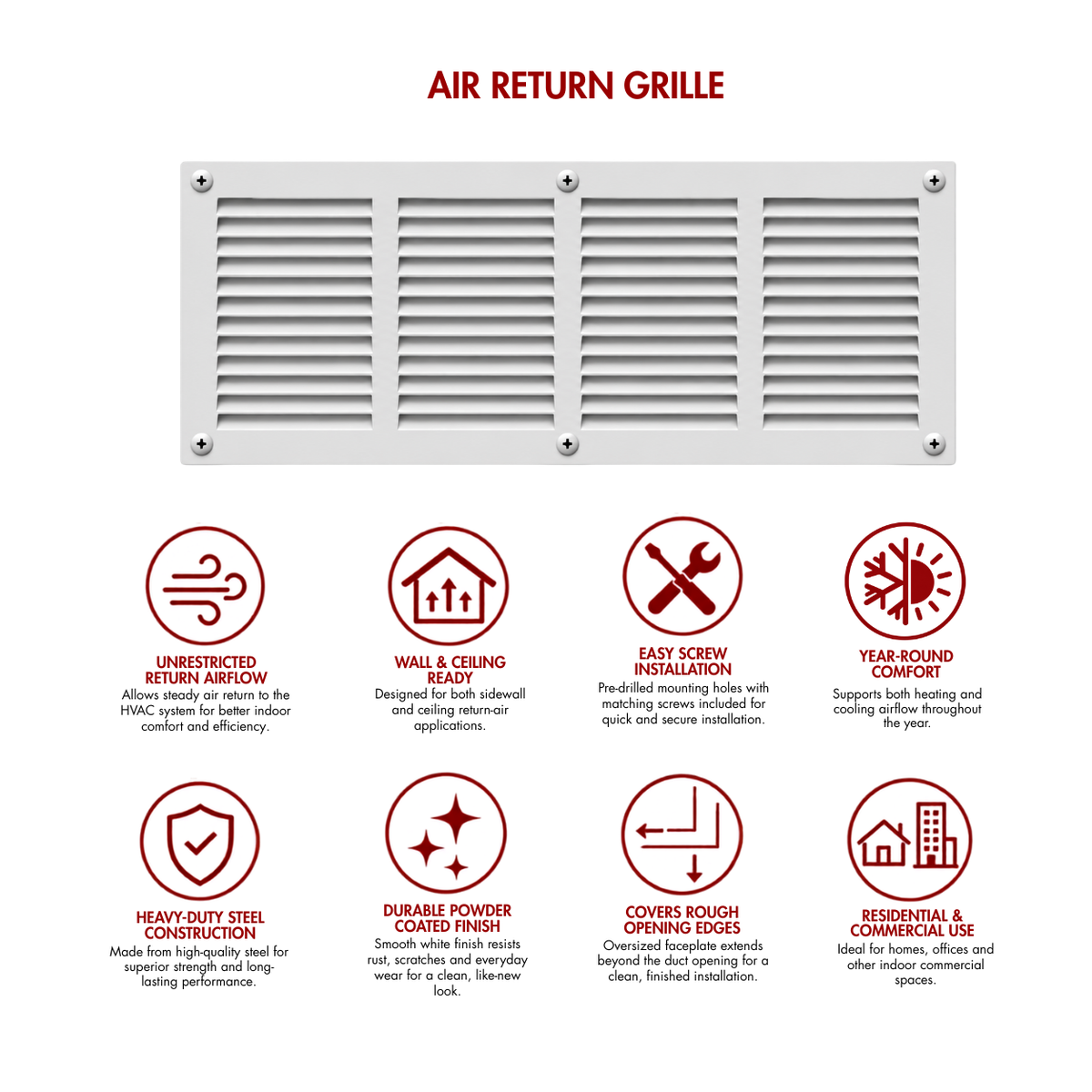 24" x 6" white steel air return grille for sidewall and ceiling HVAC vents with product benefits and feature icons.
