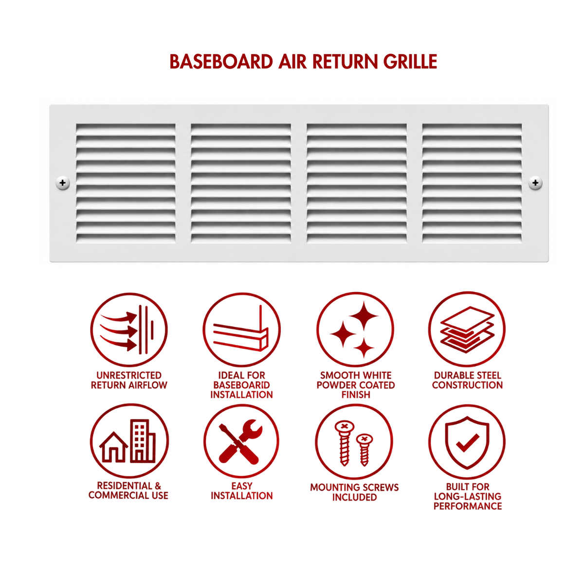24 x 6 White baseboard air return grille with icons highlighting airflow, easy installation and durable finish

