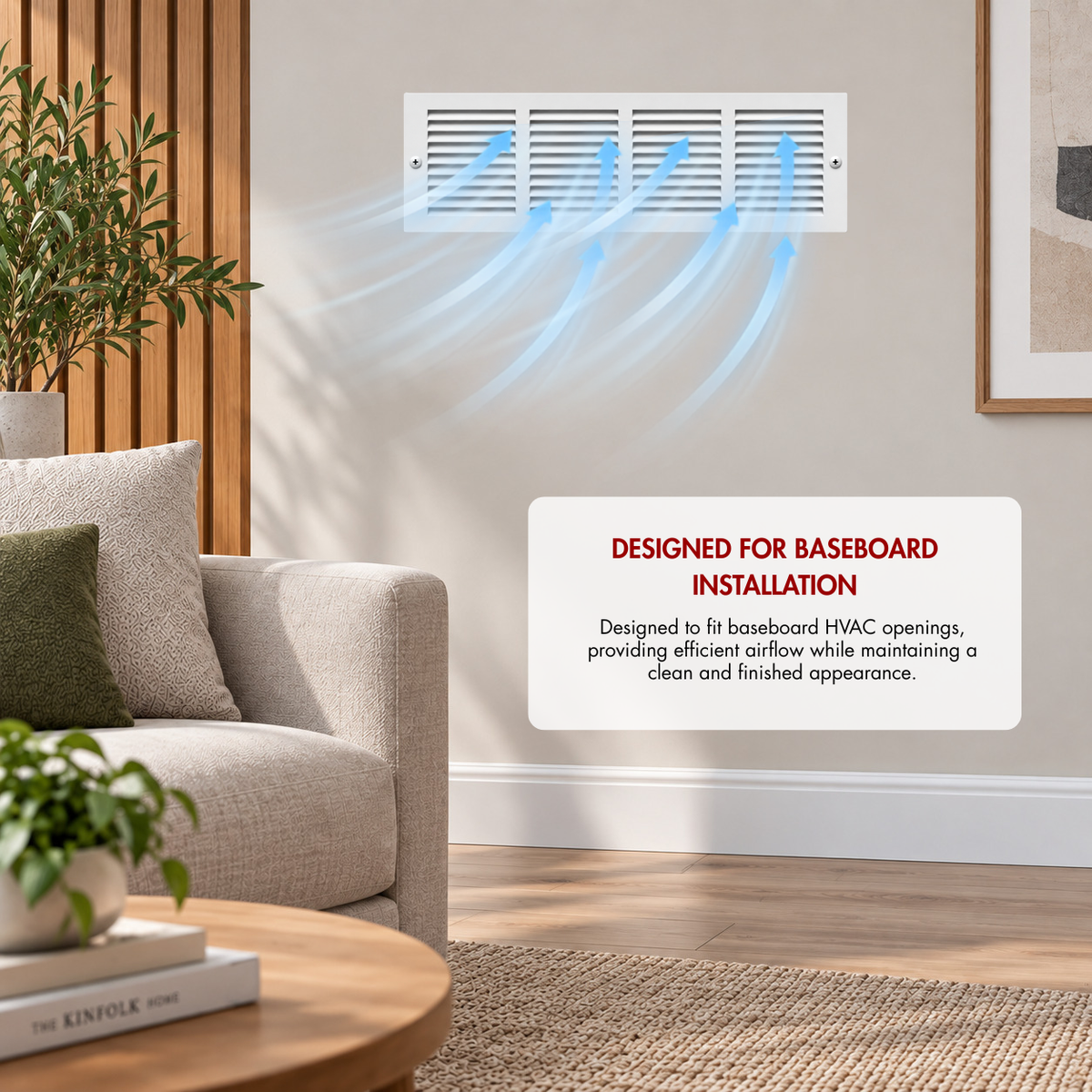 24 x 6 White baseboard air return grille installed on a living room wall with airflow illustration for HVAC ventilation
