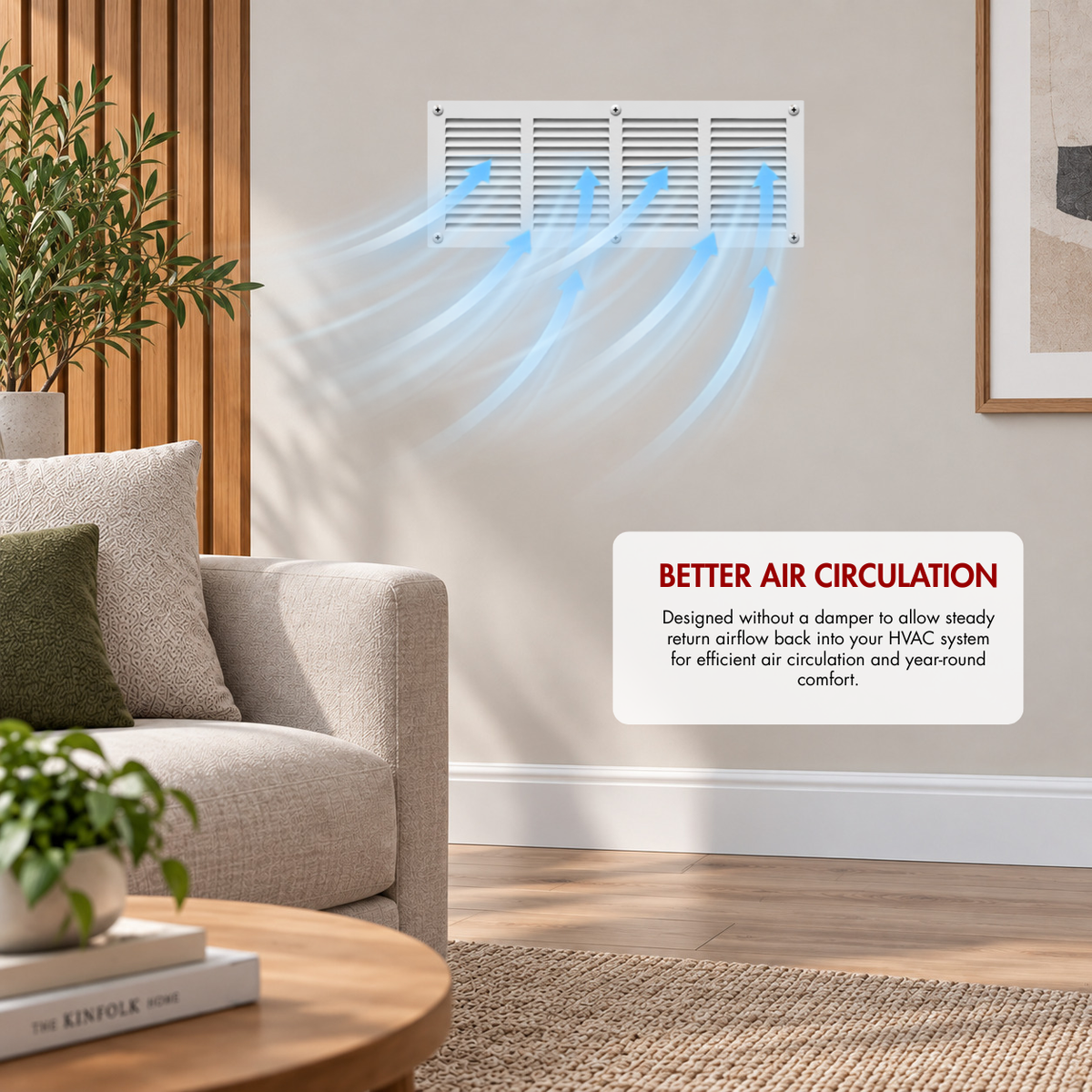 24" x 8" white steel air return grille installed on wall with airflow illustration for improved HVAC air circulation.
