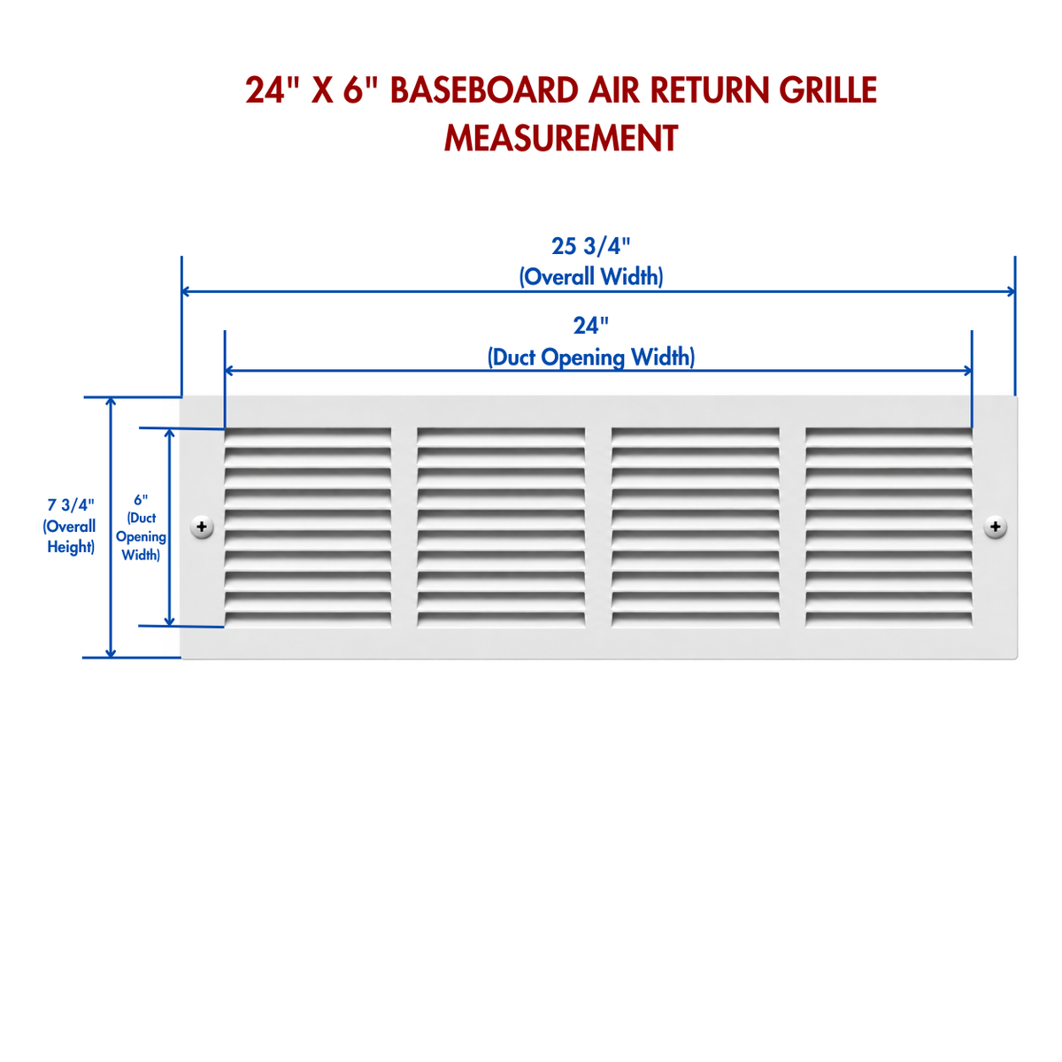 24 x 6 white baseboard air return grille measurement diagram showing overall size and duct opening dimensions
