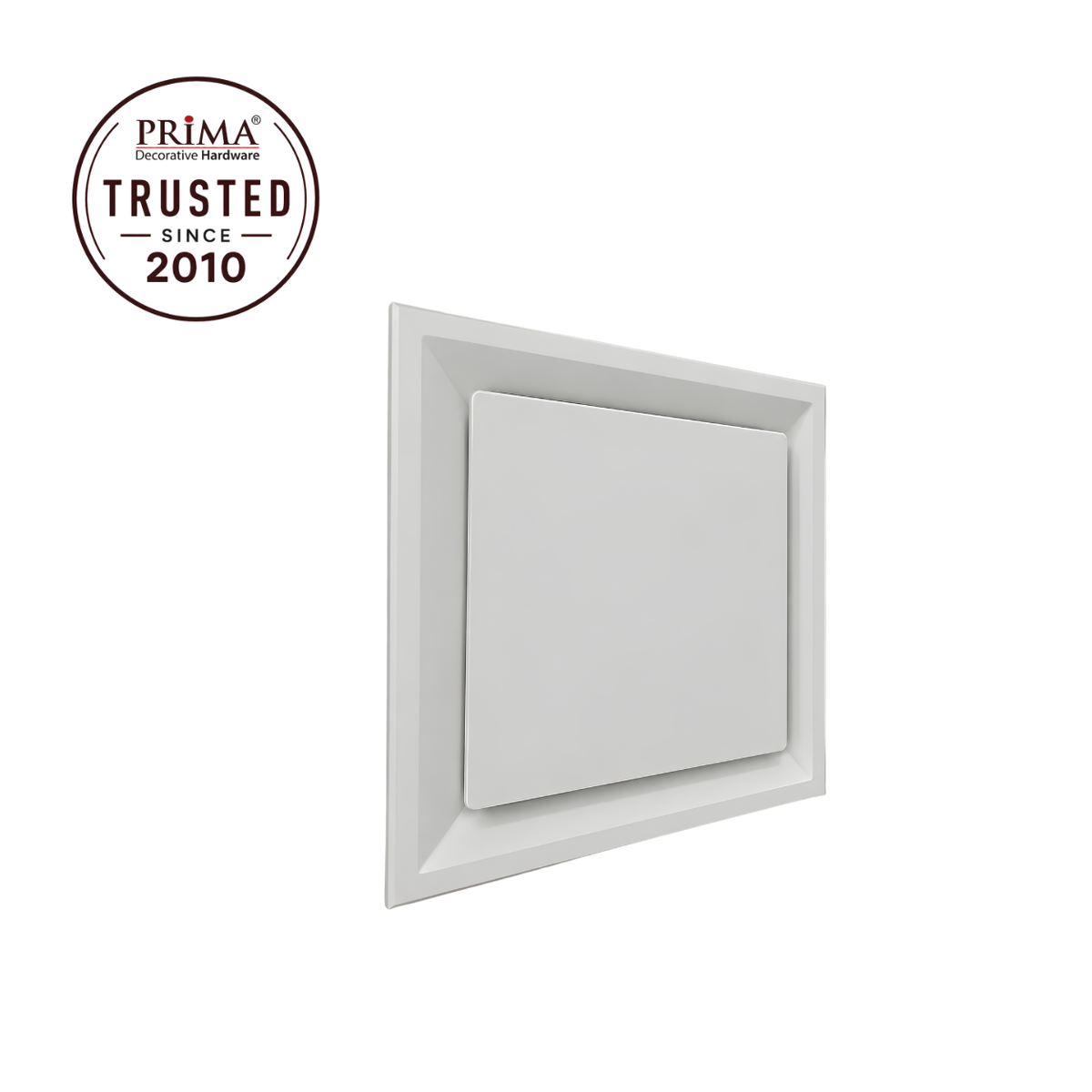Angled view of 24 x 24 white steel ceiling air diffuser with Prima Trusted Since 2010 badge