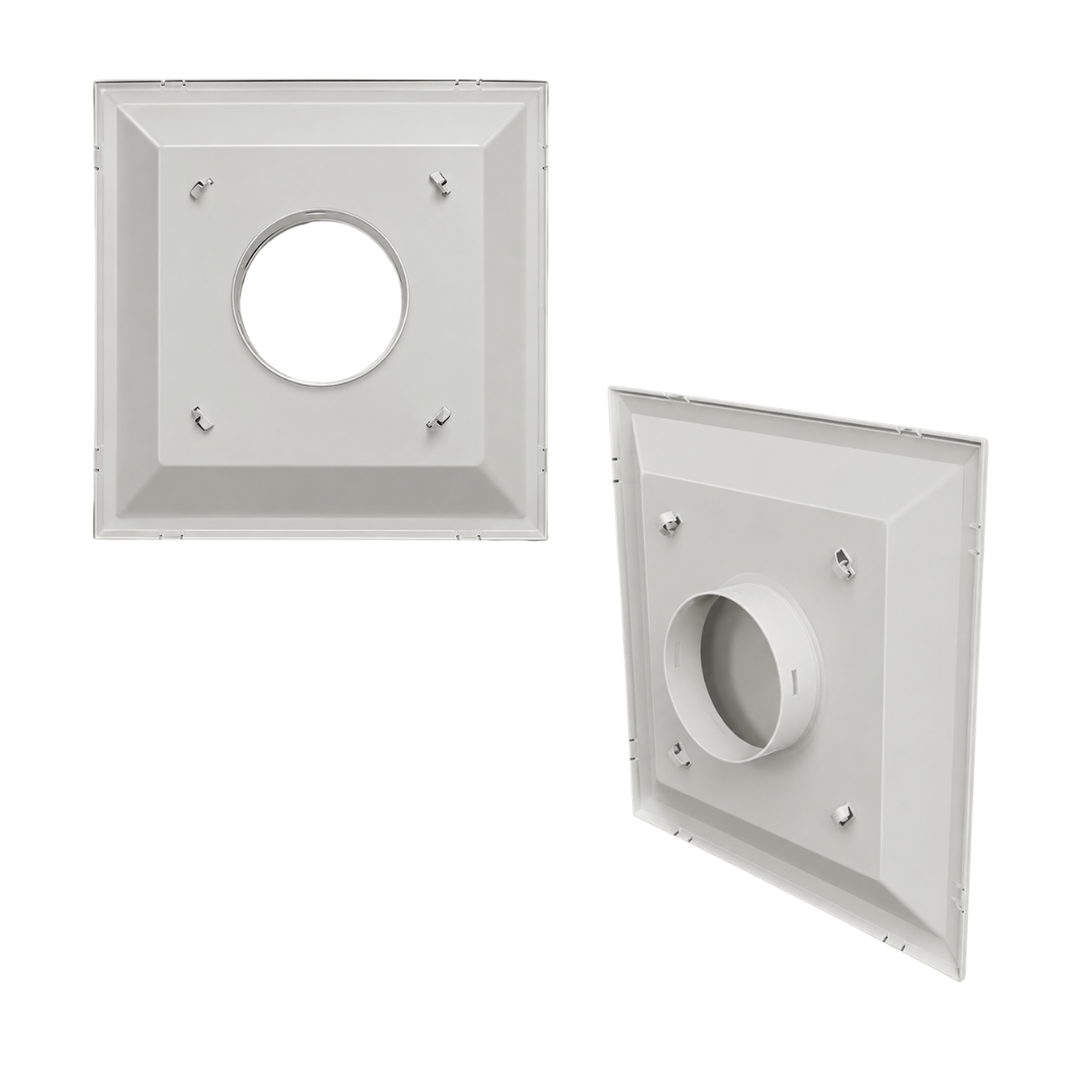 Back view of 24 x 24 white steel ceiling air diffuser with 8-inch round neck for HVAC duct connection