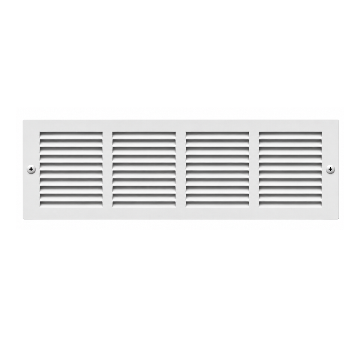 24 x 8 White steel baseboard air return grille with mounting screws for sidewall HVAC installation

